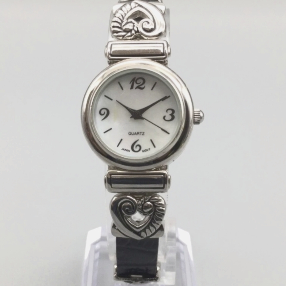 Vintage Silver Tone Mother Of Pearl Watch Black with Heart Accents 22mm